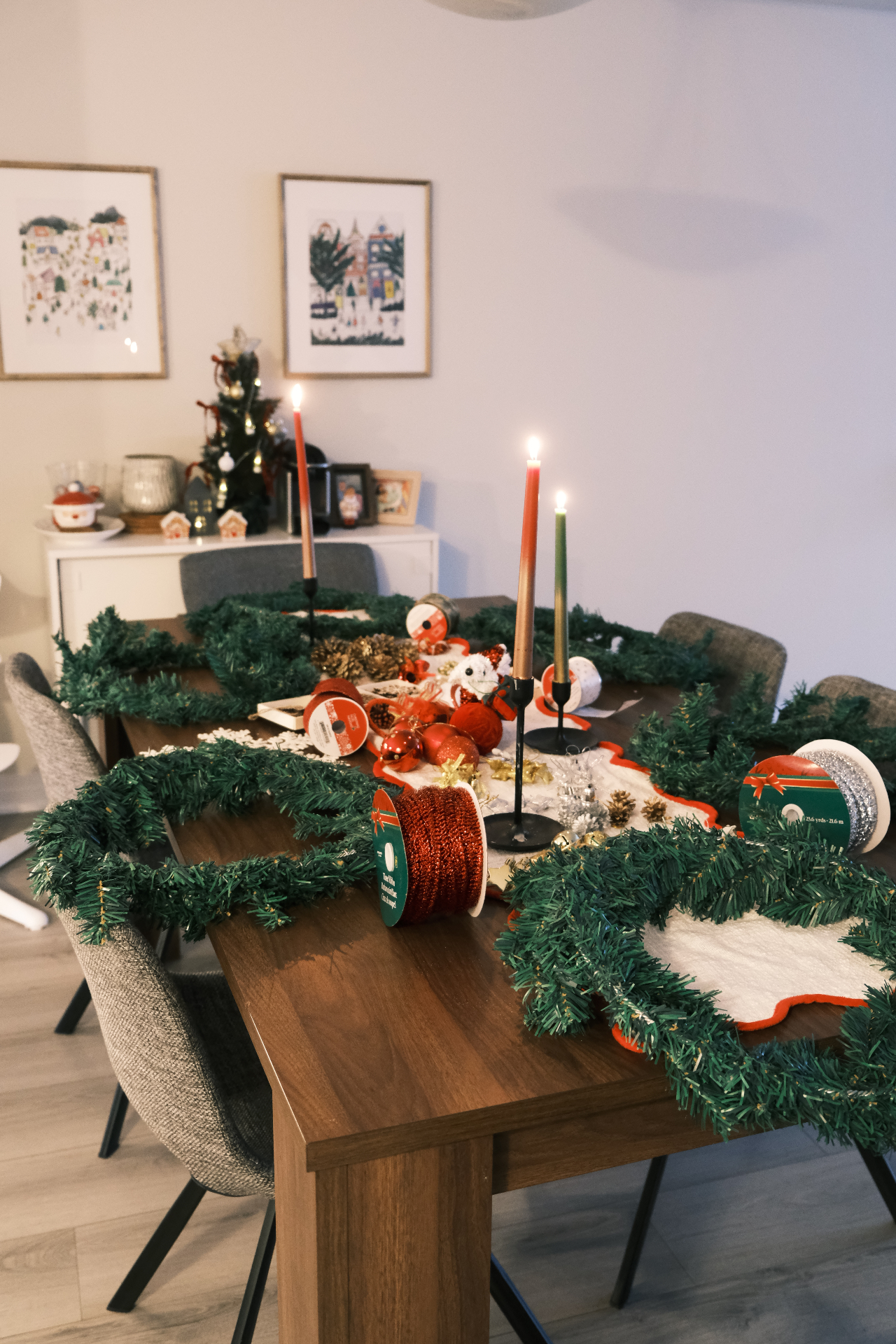 Holiday wreath-making setup